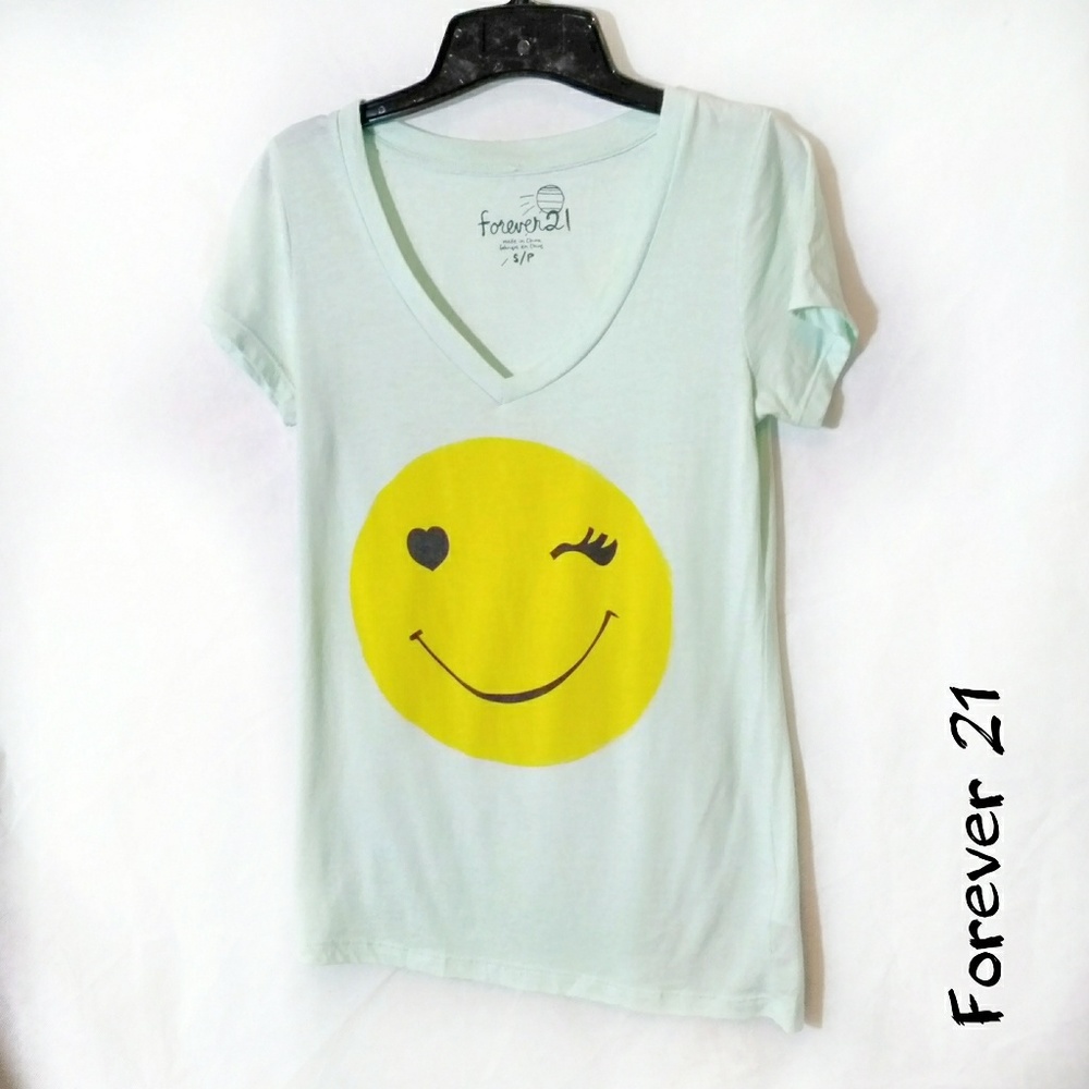 Forever 21 small mint v-neck winking emoji top